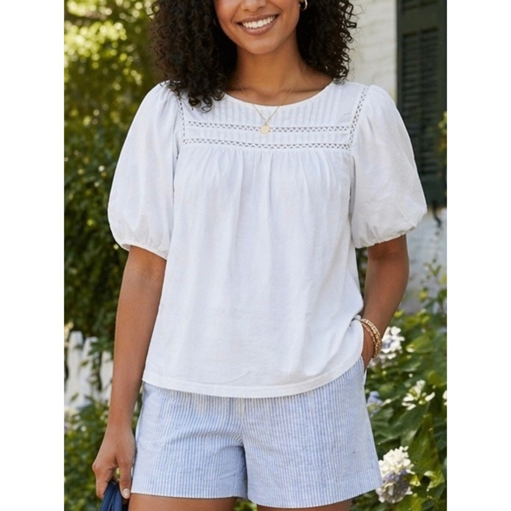 J.Crew Womens Puff Sleeve Top White Large Eyelet Lace Blouse Cottagecore Summer